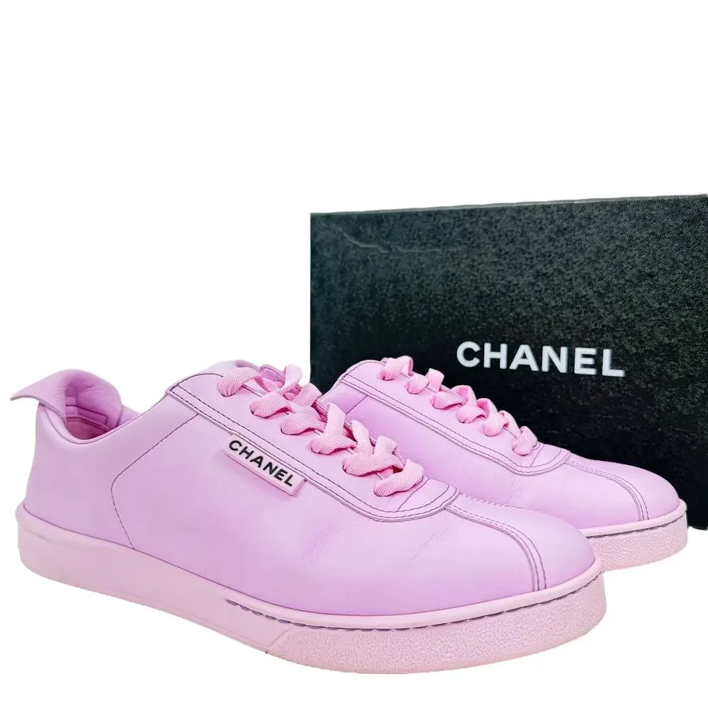 Chanel Weekender Leather CC Logo Low Top Sneakers Pink Size 39